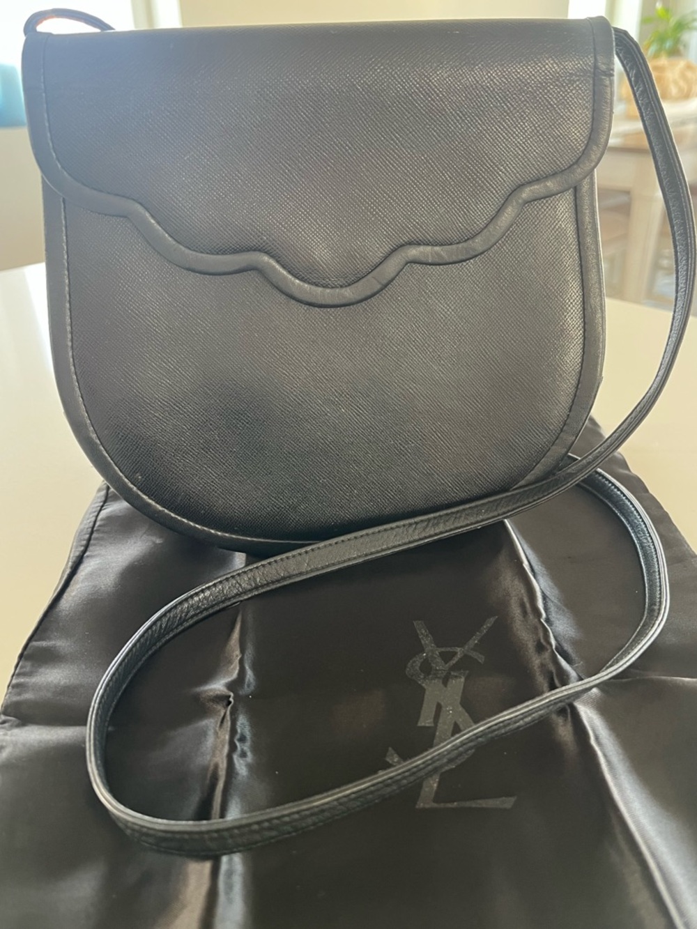Vintage YSL Yves Saint Laurent Black Saffiano Leather Scalloped Shoulder Bag
